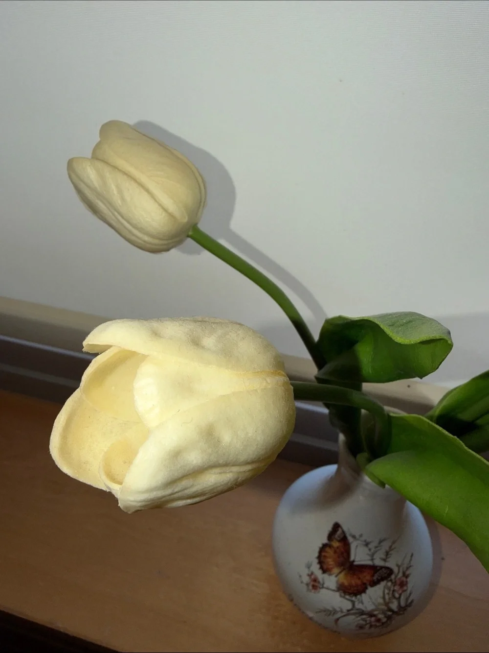 Vintage Jackson Hole Cream Ceramic Butterfly Vase with White Tulips